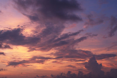 Low angle view of cloudy sky at sunset