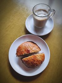 High angle view of breakfast served on table