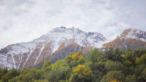 Scenic view of snow covered mountains against sky