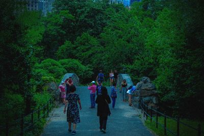 Rear view of women walking on road in forest