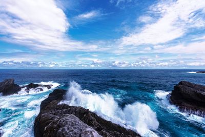 Scenic view of waves breaking on rocks