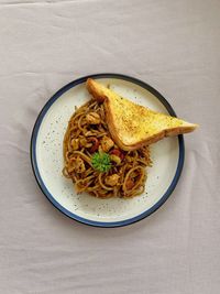 High angle view of food in plate on table