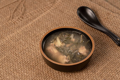 High angle view of soup in bowl on table