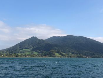 Scenic view of sea and mountains against sky