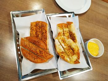 High angle view of meal served on table