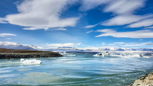 Scenic view of iceberg lagoon gainst sky