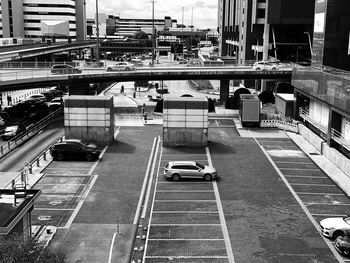 High angle view of vehicles on road in city