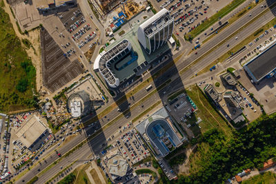 High angle view of street amidst buildings in city