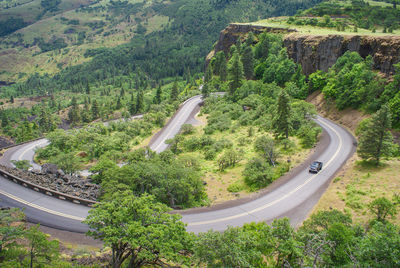 High angle view of road by trees on mountain