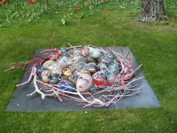 High angle view of shoes on field