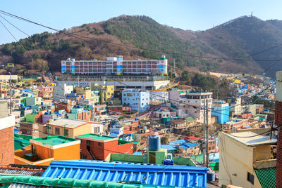 Aerial view of town against clear sky