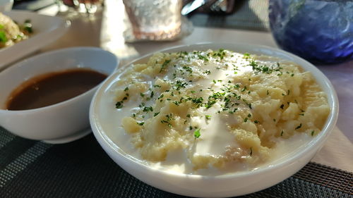 High angle view of breakfast served on table