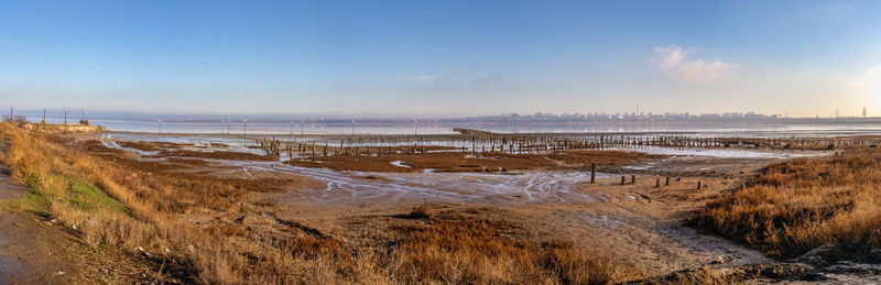 Salty drying lake kuyalnik near odessa, ukraine, on a cold winter morning