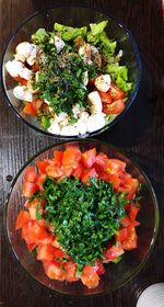 High angle view of salad in bowl on table