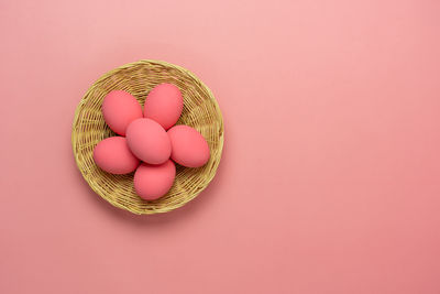 High angle view of eggs in basket