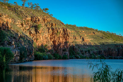 Scenic view of lake against clear blue sky