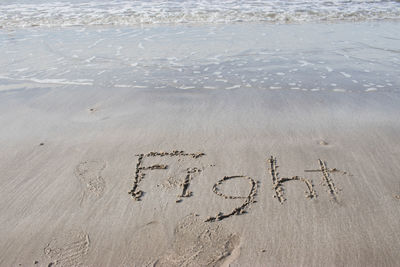 High angle view of text written on beach