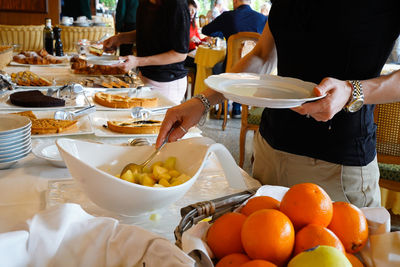 High angle view of people on table