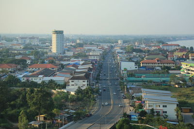 High angle view of street amidst buildings in city