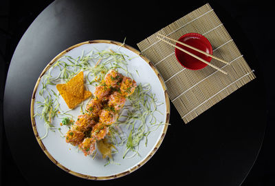 High angle view of food in plate on table