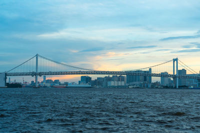 View of suspension bridge over sea against cloudy sky