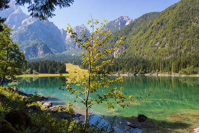 Scenic view of lake and mountains against sky