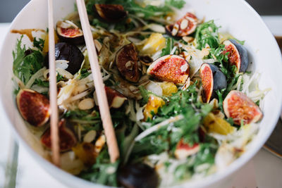 High angle view of meal served in bowl on table