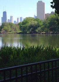 City skyline with river in background