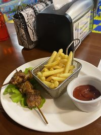 High angle view of food served on table