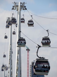 Low angle view of overhead cable car against sky