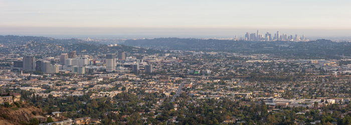 Panorama of glendale skyline with the los angeles skyline in the distance