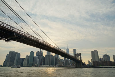 View of suspension bridge with city in background