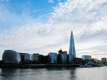 View of buildings by river against cloudy sky