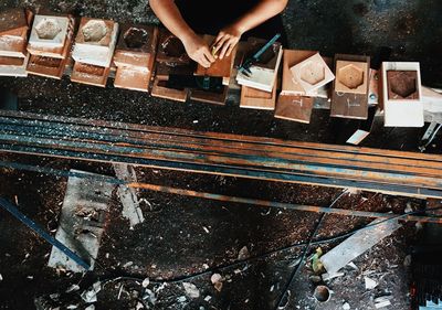 High angle view of people preparing food