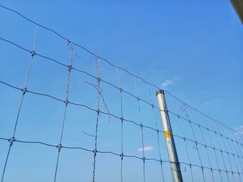 Low angle view of fence against clear sky