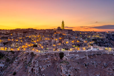 View of the beautiful old town of matera in southern italy after sunset