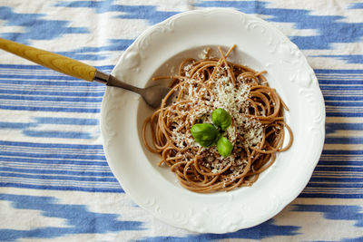 High angle view of food in bowl on table