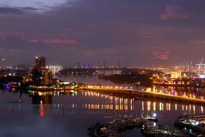 Illuminated city by river against sky at night