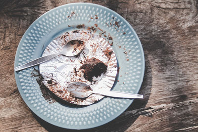 High angle view of cake in plate on table