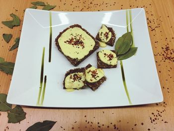 High angle view of food in plate on table