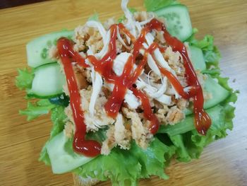 Close-up of salad served on table