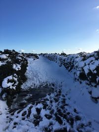 Snow covered land against clear blue sky