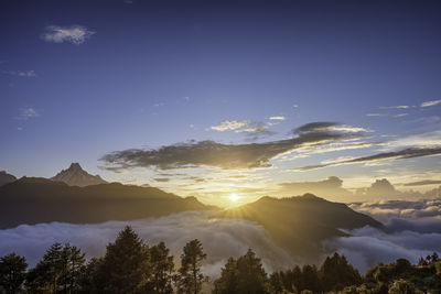 Scenic view of mountain range against cloudy sky