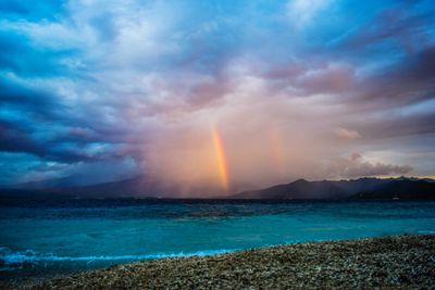 Scenic view of rainbow over sea against sky