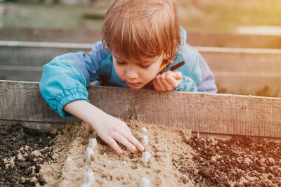 Spring planting seeding farm garden. little kid boy farmer gardener plants sow vegetable seeds soil