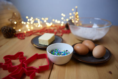 Close-up of christmas decorations on table