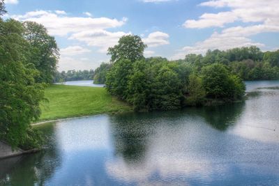 Scenic view of lake against cloudy sky