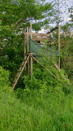 Wooden structure on field in forest