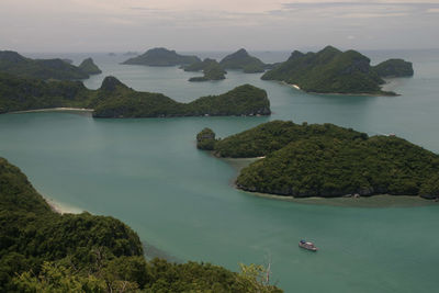 High angle view of bay against sky