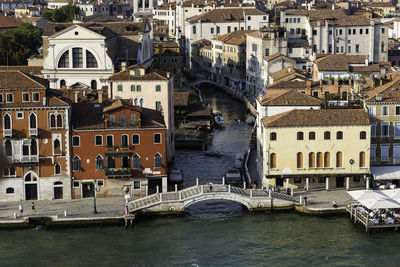 Bridge over river against buildings in city